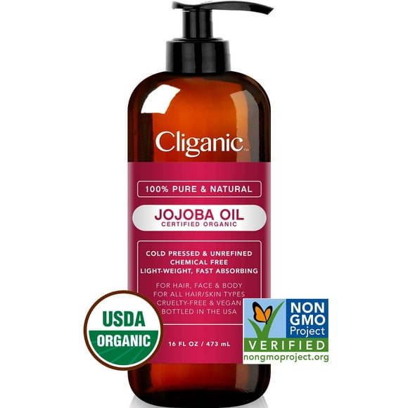 USDA Organic Jojoba Oil 16 oz with Pump, 100% Pure | Bulk, Natural Cold Pressed Unrefined Hexane Free Oil for Hair & Face | Base Carrier Oil - Certified Organic | Cliganic 90 Days Warr