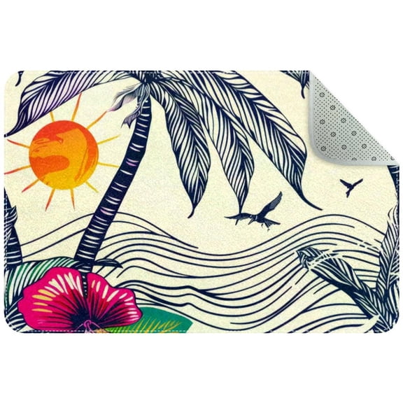 Hand Drawn Palm Tree Pattern Small Area Rug, Non-Slip Door Mat Indoor Floor Mat, Washable Kitchen Rug Entrance DMat for Bedroom Living Room