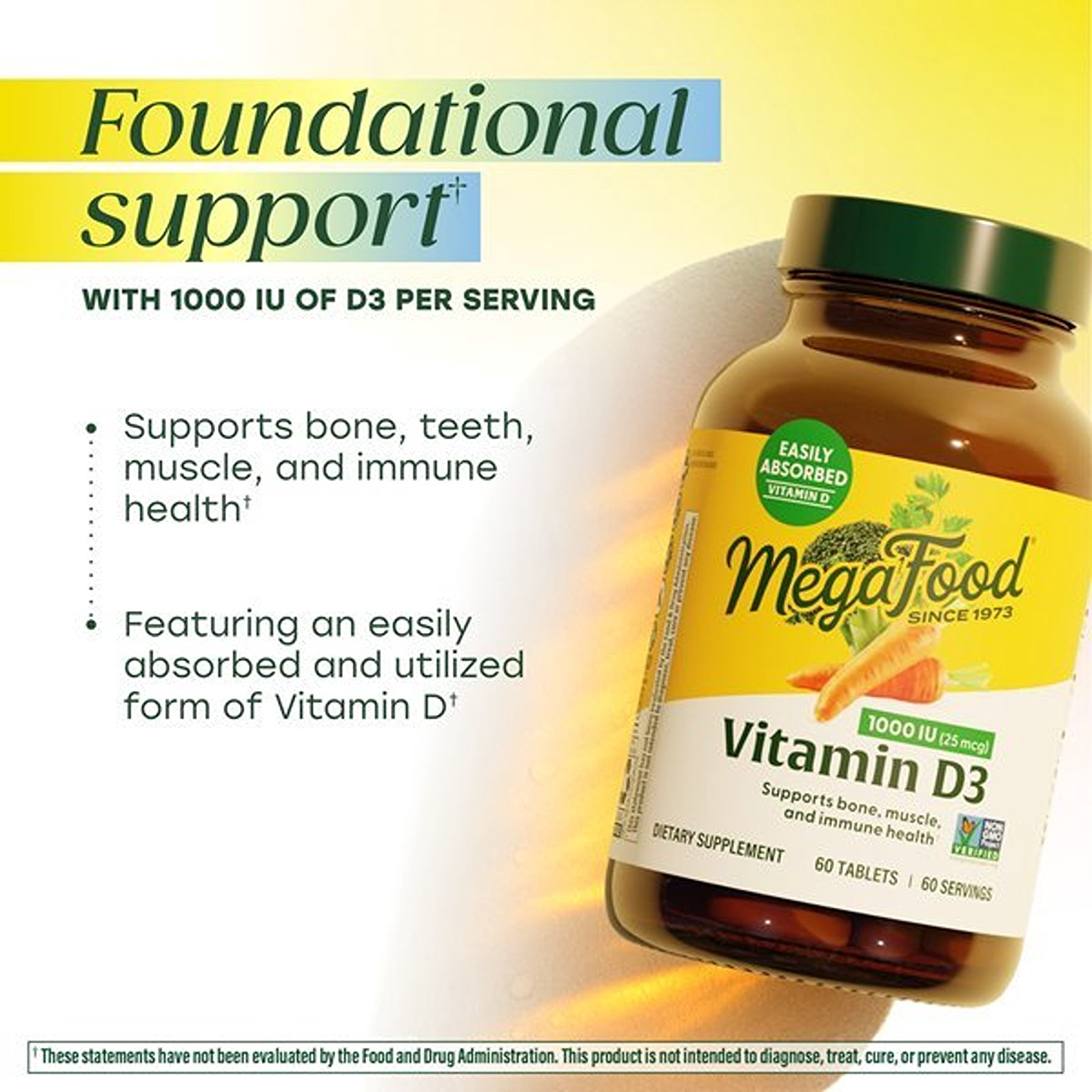 MegaFood Vitamin D3 1000 IU (25 mcg) - Immune, Bone, Teeth & Muscle Support - 60 Servings