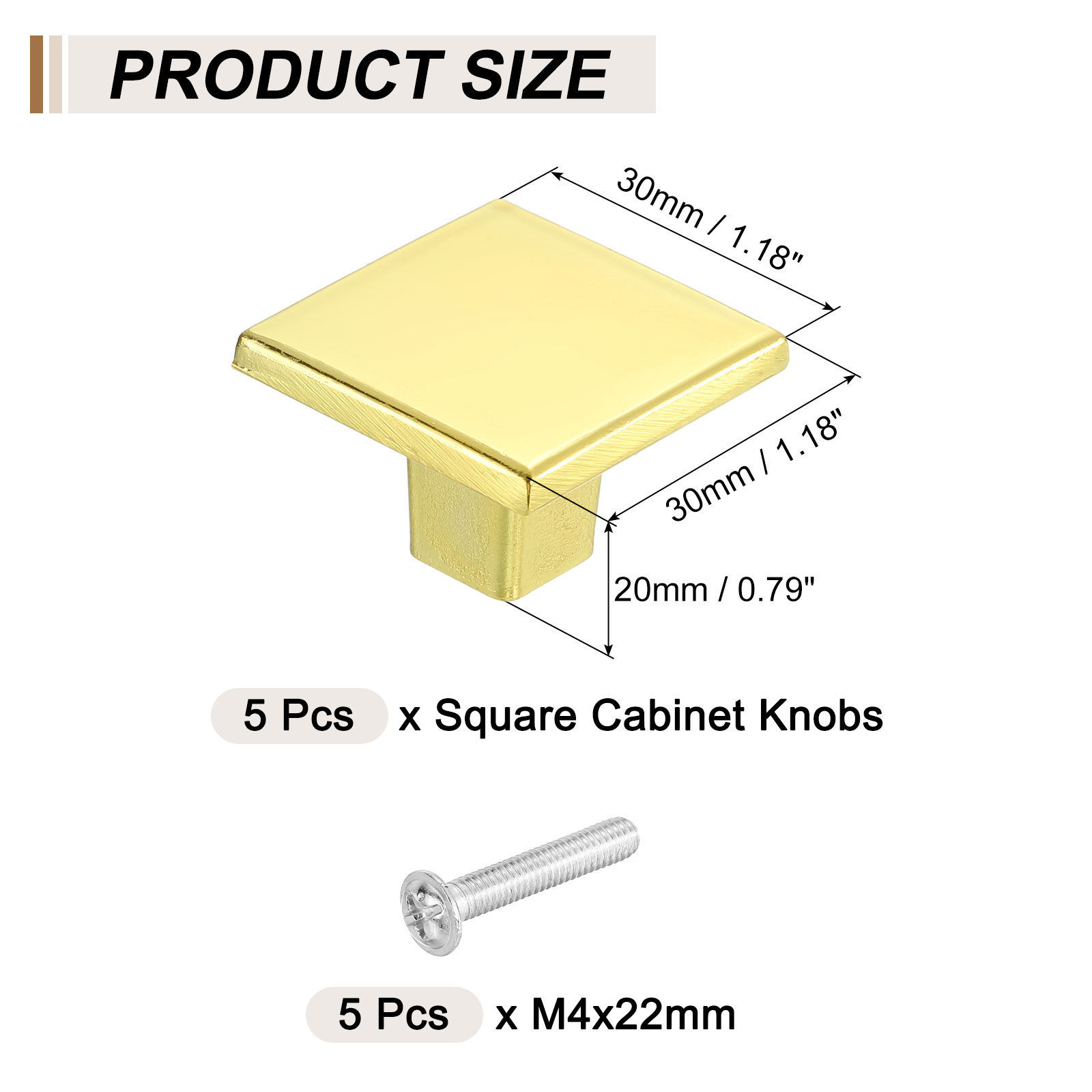 Uxcell 5 Pack Square Cabinet Knobs, 1.2 Inch Square Kitchen Cabinet Knob Aluminum Alloy Solid Drawer Knob Handle Pulls for Kitchen Cabinets Bedroom Dresser Wardrobe, Gold