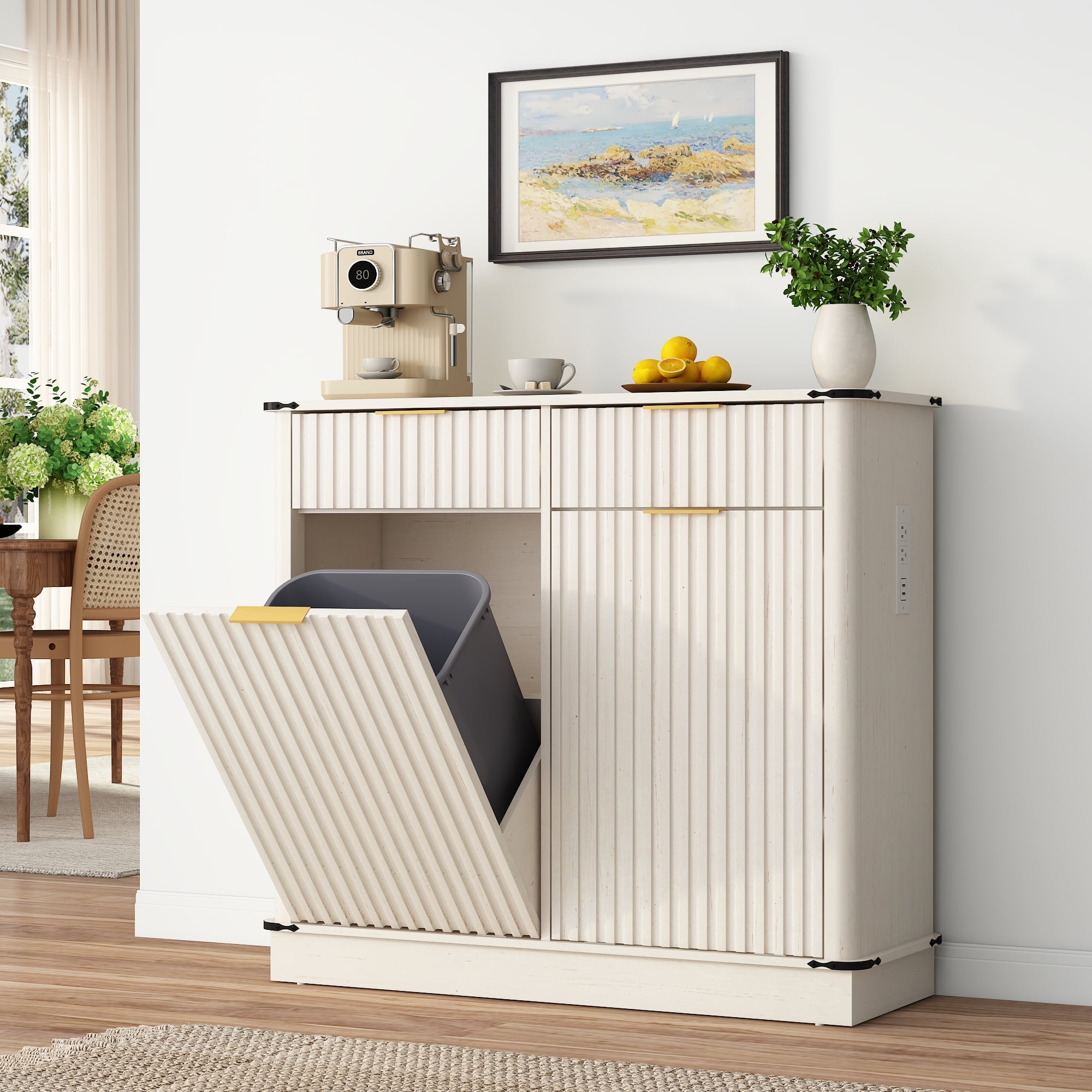 Blotout 20 Gallon Double Tilt-Out Trash Cabinet,Fluted Laundry Hamper Cabinet with 2 Drawers & Charging Station,Hidden Wooden Garbage Can Cabinet for Kitchen & Living Room