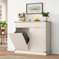 thumbnail image 2 of Blotout 20 Gallon Double Tilt-Out Trash Cabinet,Fluted Laundry Hamper Cabinet with 2 Drawers & Charging Station,Hidden Wooden Garbage Can Cabinet for Kitchen & Living Room, 2 of 10