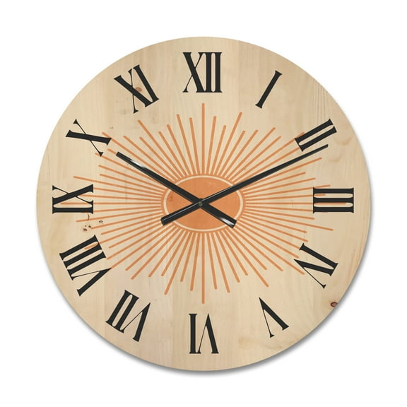 Designart 'Minimal Bright Shining Orange Sun Rays III' Modern Wood Wall Clock