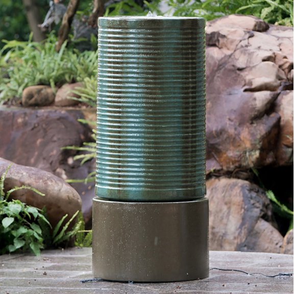 Sumdeal Modern Industrial Style 44" Tall Green Ribbed Concrete Cylinder Water Fountain & Bird Feeder,Brown Base