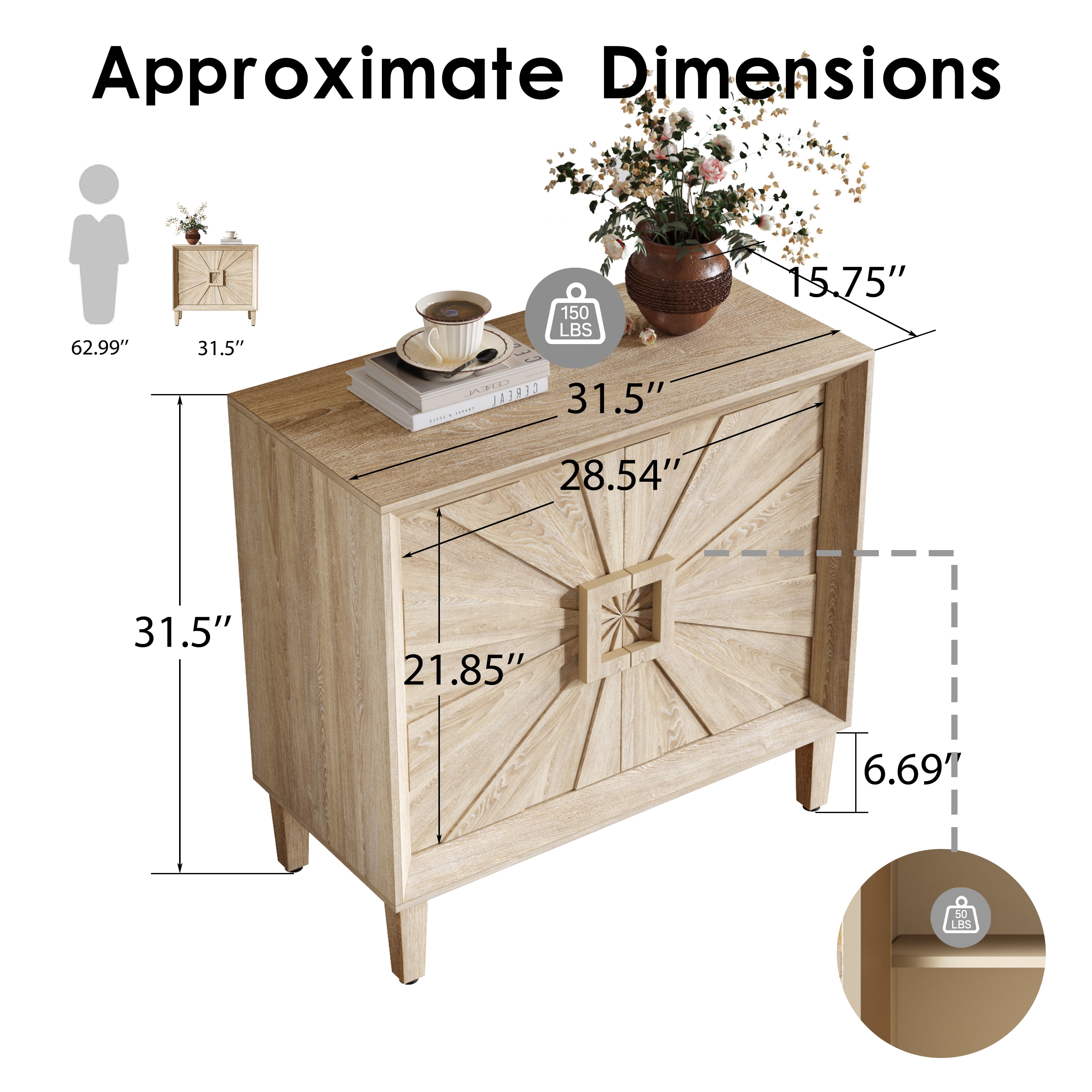 31.5" Antique Natural Mid-Century Modular Credenza Sideboard Buffet, Small Space Cabinet with Symmetrical Sunburst Doors, Accent Cabinet with Adjustable Shelves for Dining Room, Entryway & Hallway