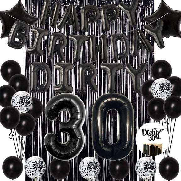 Dirty 30 Foil Black Star Confetti Happy Birthday Balloons by Joymemo