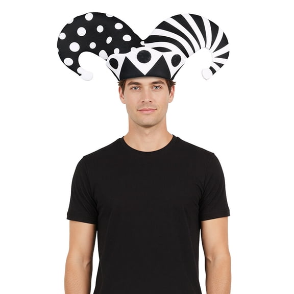 RUTAYY Men's Halloween Jester Hat Polka Dot Stripe Printed Curved Horn Party Hats Black