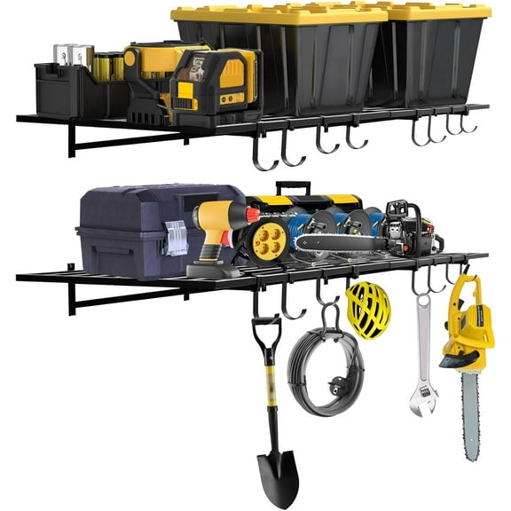 Garage Storage Shelving Wall Mounted with Hooks, 2-Pack 2x4 ft, Wall Shelf Garage Organization System w/Bike Hangers, Storage Rack, Floating Shelves, 800 lbs Weight Capacity