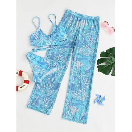 

Girls Criss Cross Wrap Bikini Swimsuit Swimwear With Swim Pants Trousers S221904X Blue 130(7-8Y)