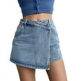 thumbnail image 6 of High-Waisted A-Line Denim Shorts with False Two-Piece Design Light Wash Stretch Skort for Women Summer Casual Butt-Lifting Shorts with Distressed Details and Adjustable Belt, 6 of 6