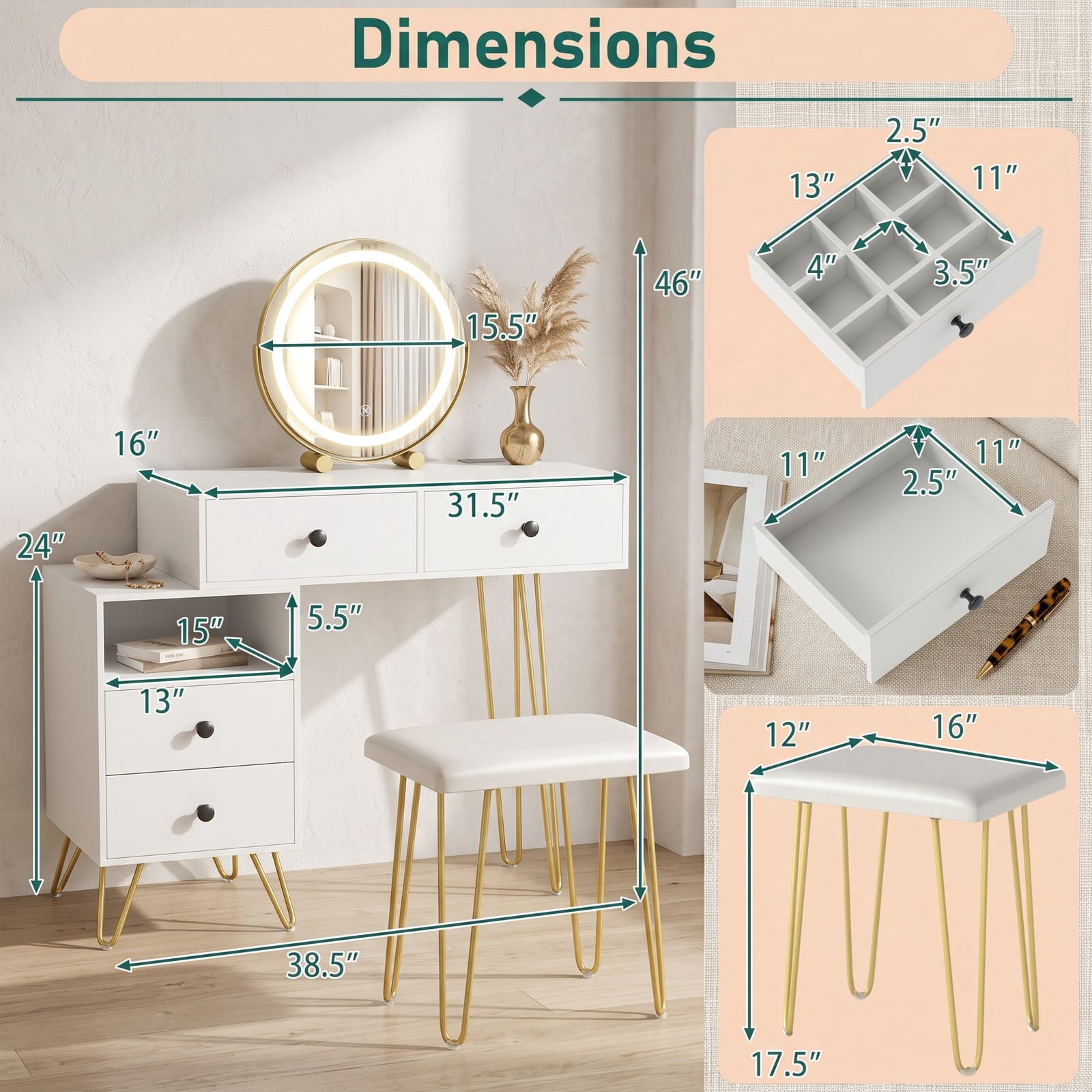 Furnibear Modern Dressing Table with 360 Degree Rotatable LED Mirror and Storage Cabinet and Cushioned Stool for Bedroom, White