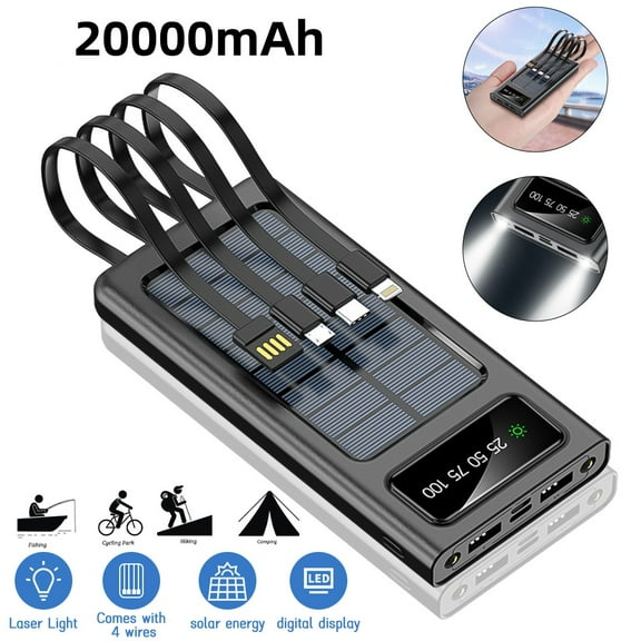 2024 MDHAND 20000mAh 4 USB Portable Charger Solar Power Bank with Dual 5V USB Ports, 2 LED Light Flashlight and Compass Battery Pack for Cell Phone
