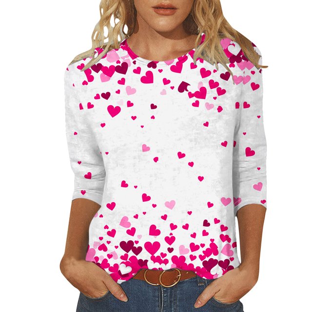 Penkiiy T-Shirt de la Saint-Valentin pour Femmes Manches 3/4 Col Rond Mignon Cœurs d'Amour Graphiques Décontractés Mode Hauts Blouse 2TG Multicolore