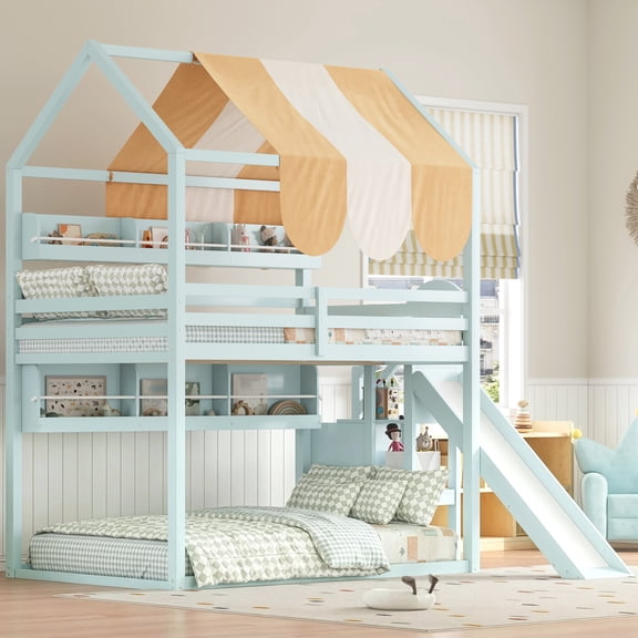 Newest Full Size Bunk Bed Solid Wood for Bedroom with Canopy, Slide and Bookshelves, Light Green