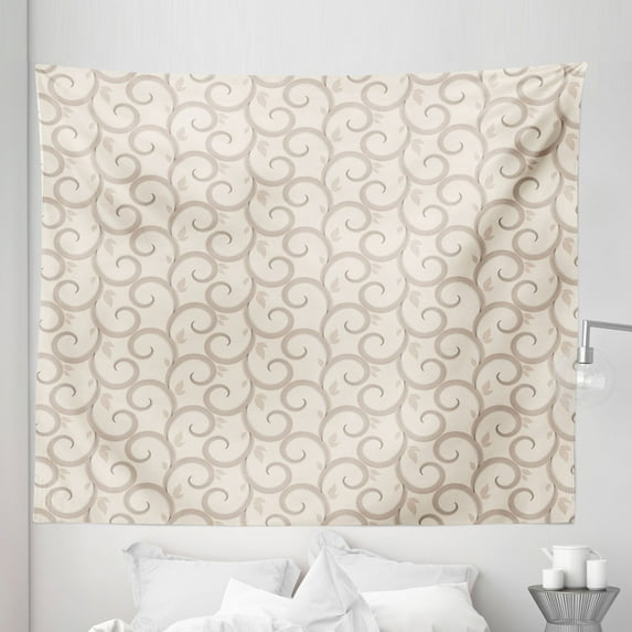 Exotic Tapestry, Swirling Leaves Motifs Regular Curved Baroque Floral Design Retro Old World in Mod Art, Fabric Wall Hanging Decor for Bedroom Living Room Dorm, 5 Sizes, Beige, by Ambesonne