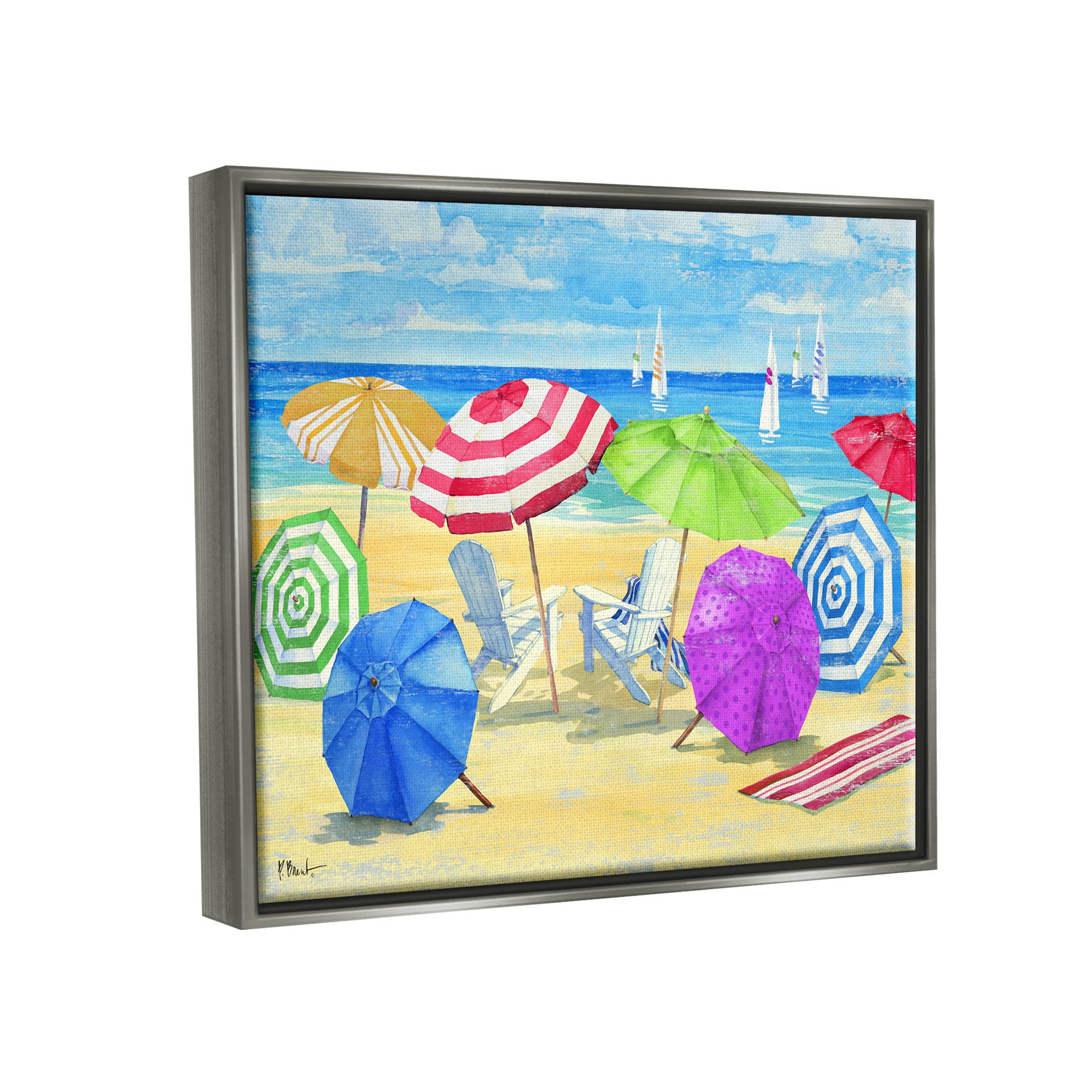 Stupell Industries Umbrella Coast Vibrant Beach Landscape Painting Luster Gray Floating Framed Canvas Print Wall Art, Design by Paul Brent
