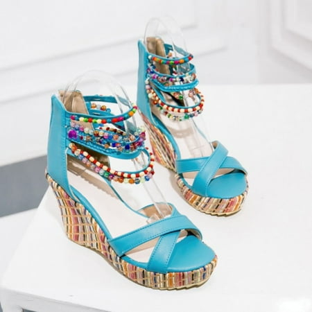 

Cathalem Flat Sandals for Women Wedding Summer Women Platform Sandals New Model Bohemian Style Beaded Flower Sandals for Women Blue 8