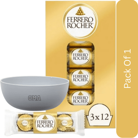 Ferrero Rocher Gourmet Hazelnut Chocolates, 1.3 oz (12 count), With Olive White Bowl By OMA
