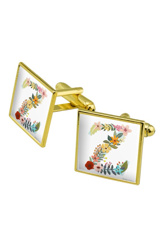 Letter Z Floral Monogram Initial Square Cufflink Set - Silver or Gold
