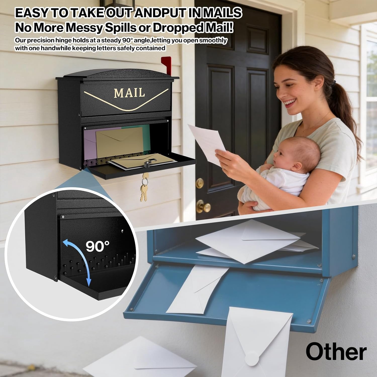 POCHAR Wall Mount Locking Mailbox for Outside, Rust-Proof Aluminum Outdoor Mail Box with Lock & Keys, Drop Box with Combination Lock with Outgoing Flag, Number Stickers (Classic Black)