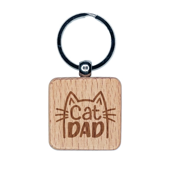 Cat Dad Square Keychain Charm Tag - Engraved Wood