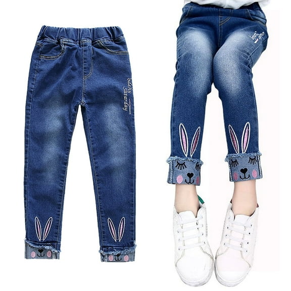 WIBACKER Little Big Girls Kids Distressed Ripped Teens Jeans Blue Rabbit Slim Denim Pants 5-6T