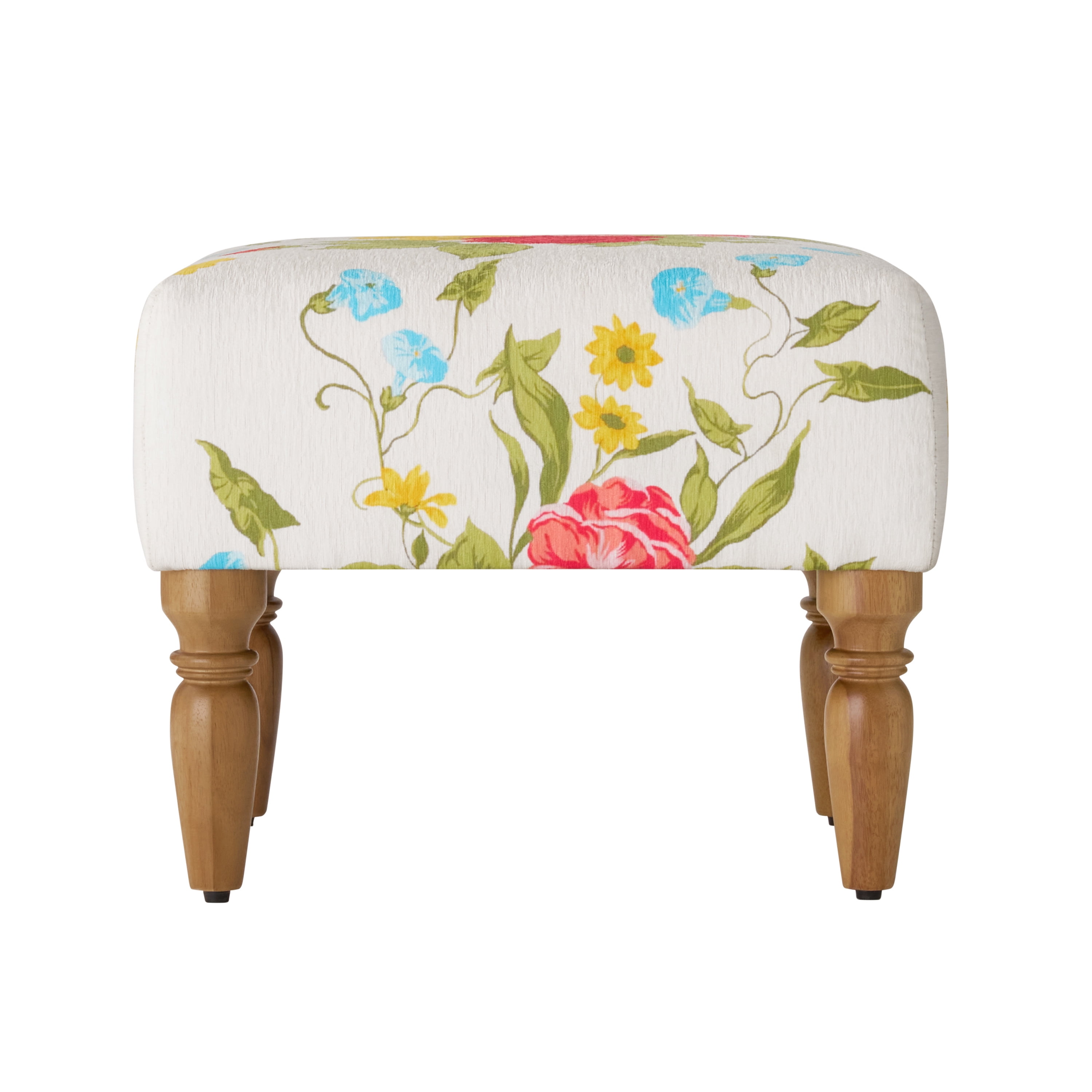 The Pioneer Woman Sweet Rose Ottoman, White Floral, 17.25 in Seat Height