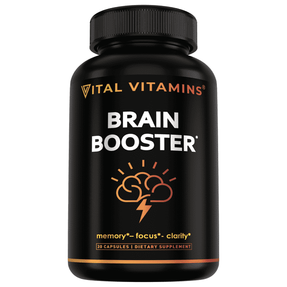 Vital Vitamins Brain Booster+ Nootropic Supplement with Lions Mane & Ginkgo for Focus, Memory, Clarity & Energy 60 Capsules