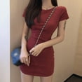 thumbnail image 4 of Ochine Bodycon Dress Solid Color A Line Short Sleeves Slim Fit Round Neck Sexy Dresses Satin One Piece Dress Casual Loungewear Night Club Goingout for Women, M-XL, 4 of 5