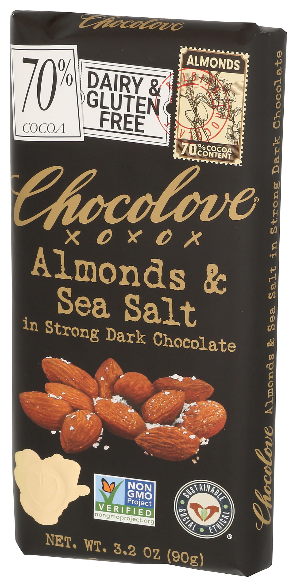 Pack of 12, Chocolove Almonds & Sea Salt in Strong Dark Chocolate, 3.2 oz