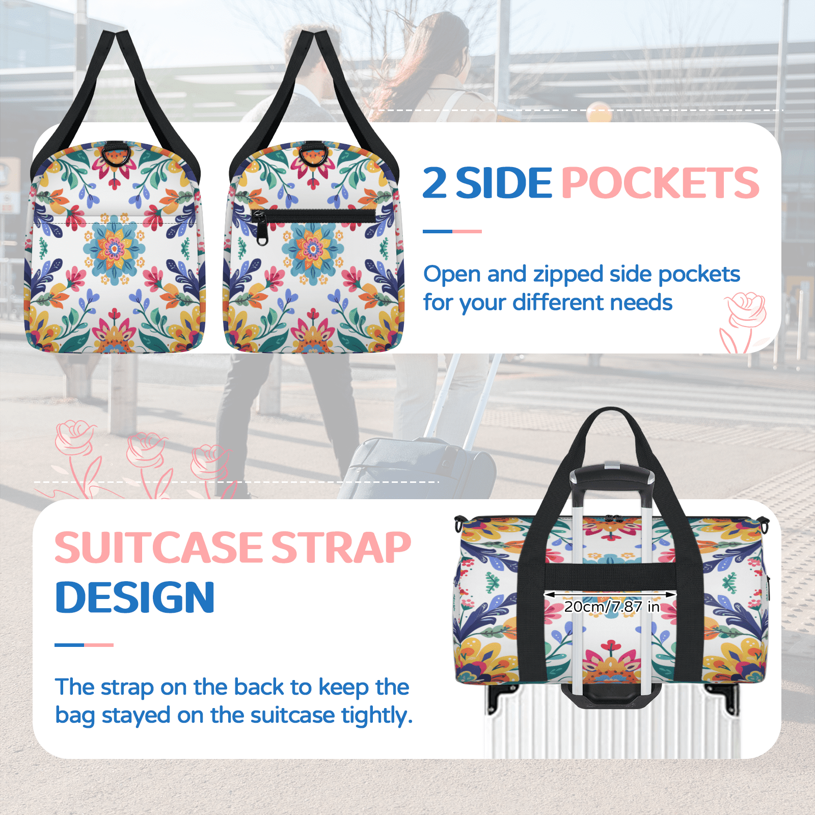 Herdesigns Colorful Floral Summer Flowers Gym Bag for Women, Duffle Bag for Travel Sport, Lightweight Waterproof Carry on Weekender Overnight Dance Yoga Workout Bags