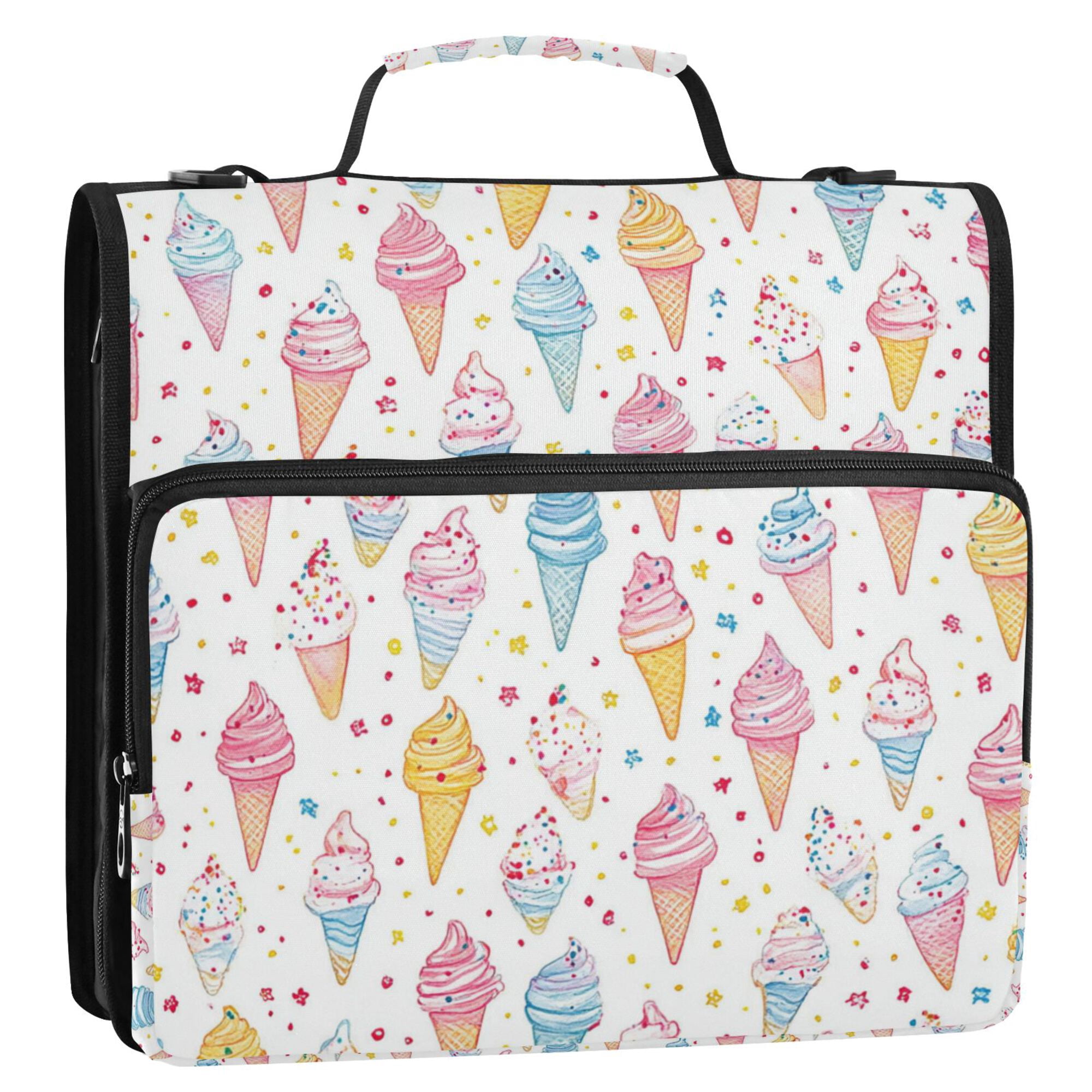 FORMRS Zipper Binder with Shoulder Strap 2-inch Ring 500 Sheet Capacity File Bag, Colorful Ice Cream Pattern