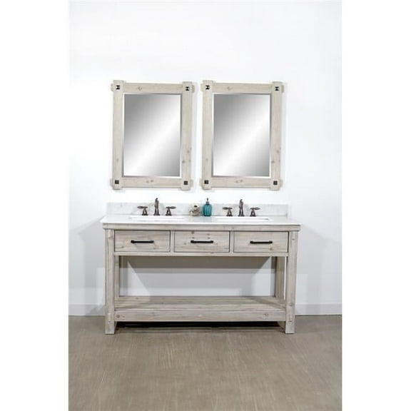 InFurniture WK8460-AP TOP 60 in. Rustic Solid Fir Double Sink Vanity With Arctic Pearl Quartz Marble Top-No Faucet