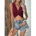 thumbnail image 4 of Women'S Twist Front V Neck Ribbed Knit Sleeveless Sexy- Tank Crop Top Wine Red S, 4 of 7
