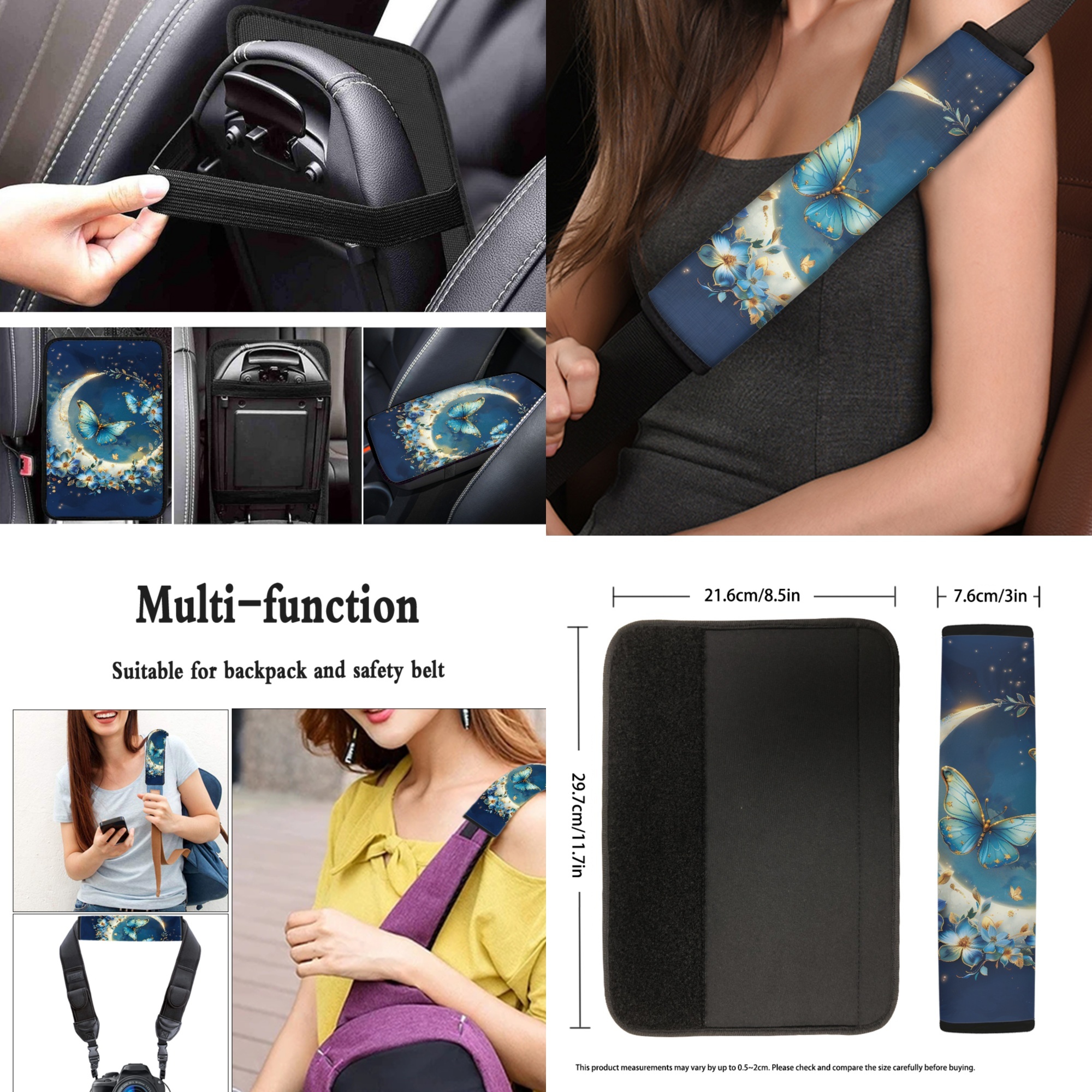 Jeiento Butterfly Car Accessories 13pcs Car Seat Covers and Steering Wheel Cover Moon Seat Belt Pad Cover Auto Armrest Cover Cushion Keychain Cup Holders Universal Fit