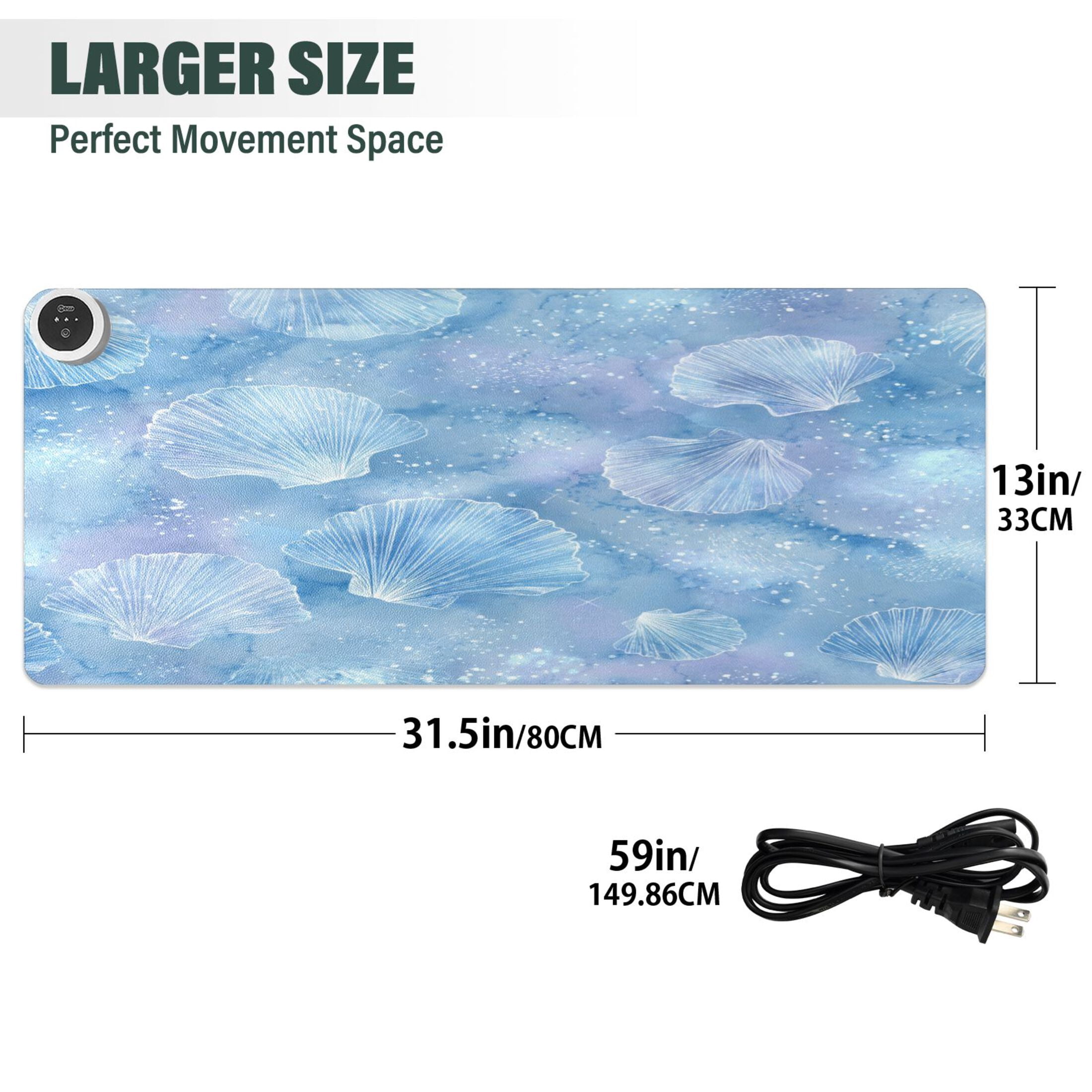 Large Heated Desk Mat Mouse Pad 31.5"x13"PU Leather Graphene Heating Desk Warmer with 3 Temperature Settings 110V US Plug Non-Slip Warm Pad for Home, Office, and Gaming Blue Sea Shell Pattern