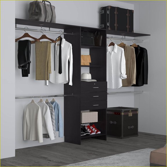 Closet Systems with 3 Drawers, 4 Hanging Rods & 6 Shelves | Black | Engineered Wood