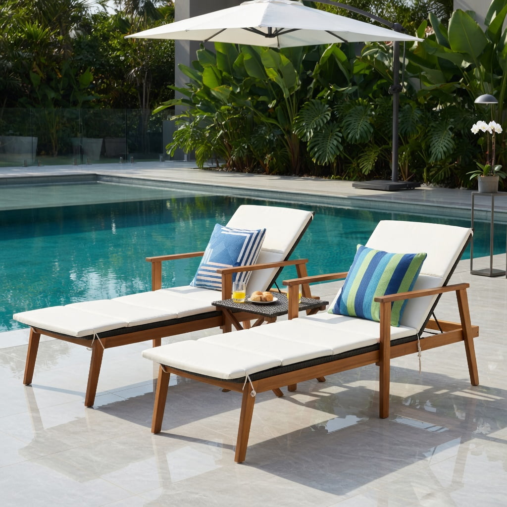 Hommoo 3-Piece Outdoor Rattan Lounge Chair Set with Foldable Side Table, Adjustable Reclining Patio Seating for Deck, Pool & Backyard, White