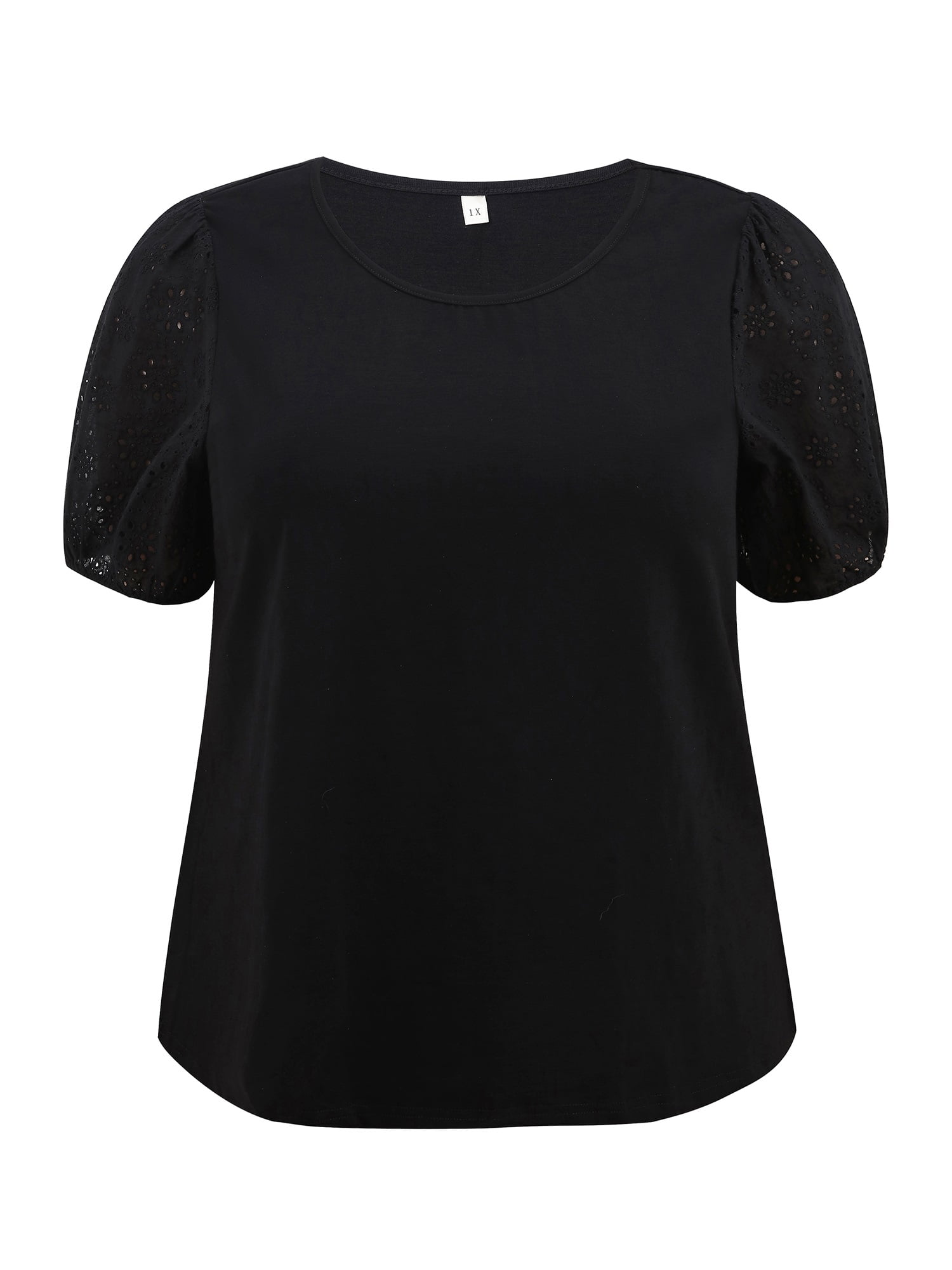 DARING DIVA Women's Plus Crew Neck Embroidered Short Sleeve Blouse 1X Black