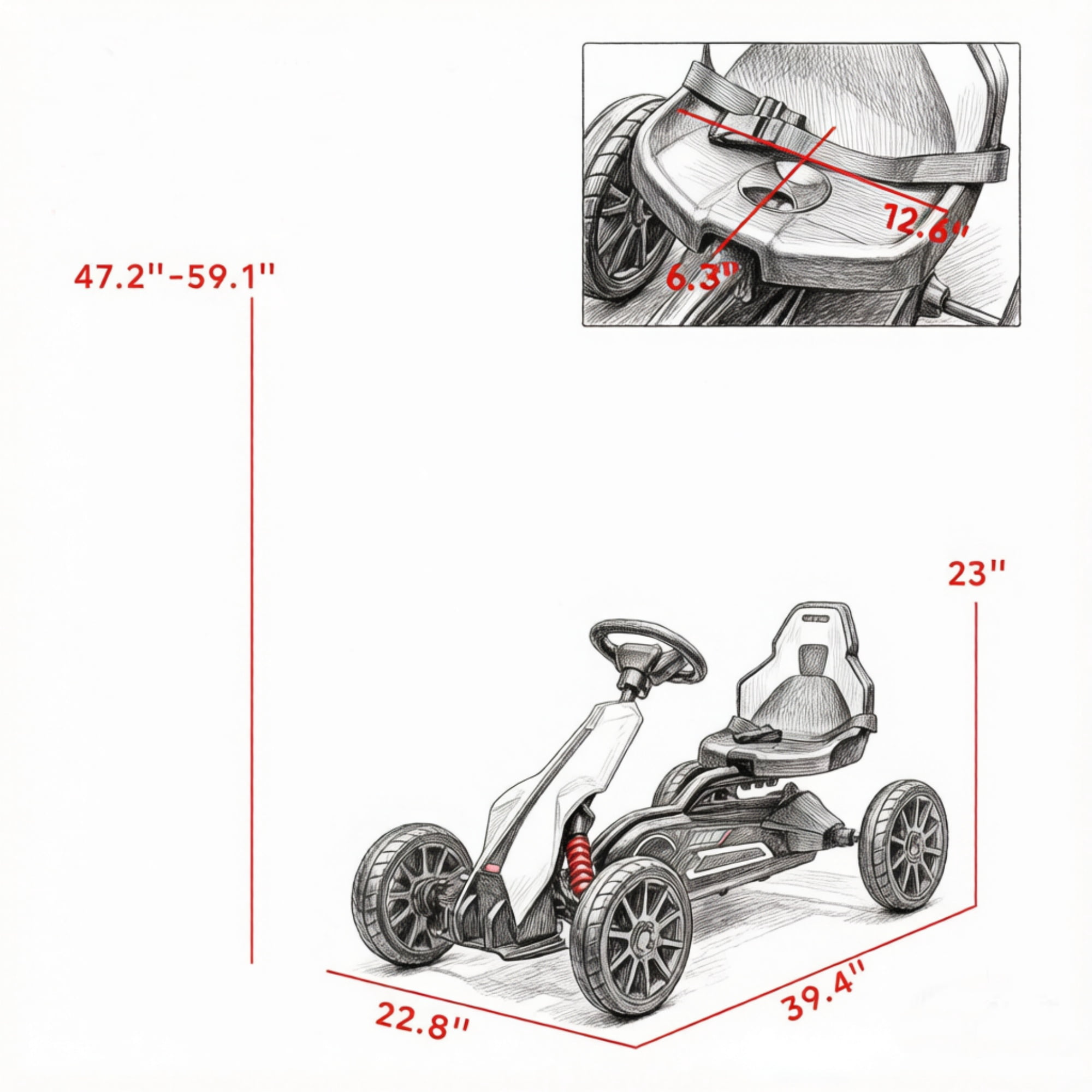 Kids Pedal Go Kart, Adjustable Seat, Full Swing Axle, All-Terrain Ride On Toy, White
