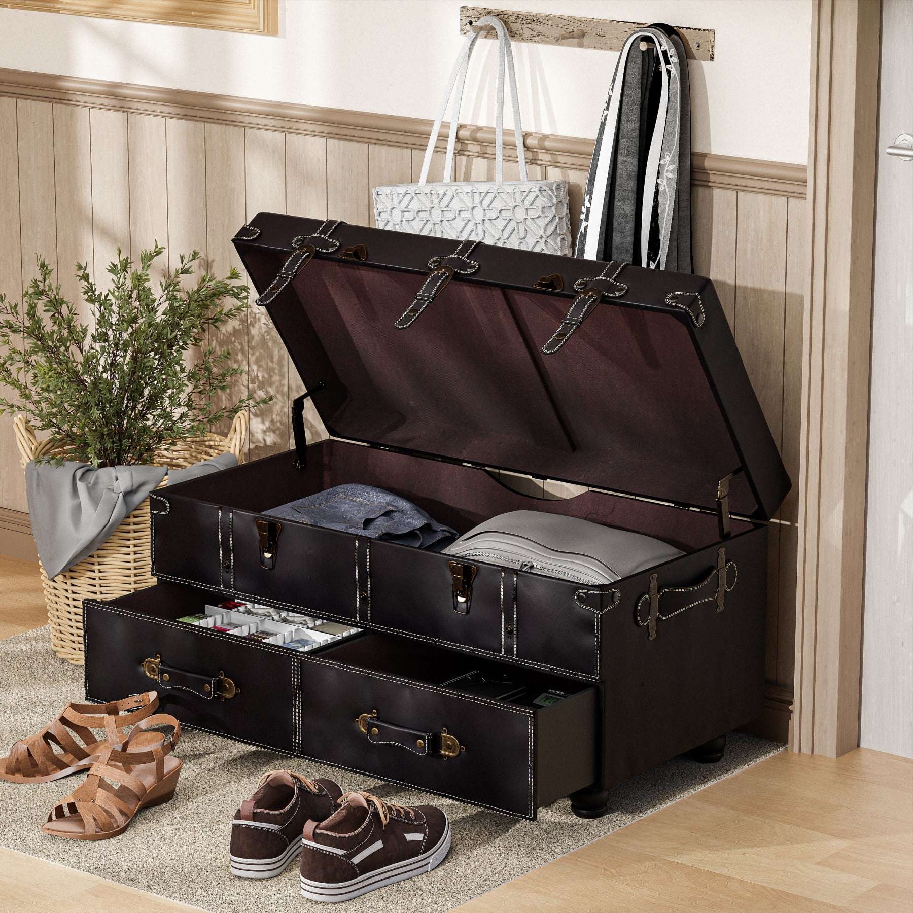 COZAYH Vintage Trunk, Large Wooden Storage Chest with Lock, Cabinet for Home Organizer, Black Brown - Walmart.com COZAYH Vintage Trunk, Large Wooden Storage Chest with Lock, Cabinet for Home Organizer, Black Brown - Walmart.com