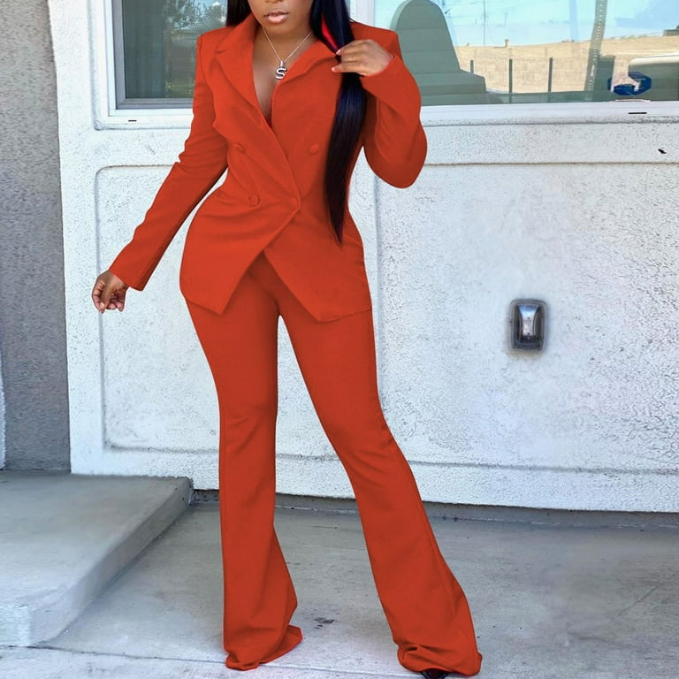 YWDJ 2 Piece Outfits for Women Dressy Plus Size ’s Fashion Casual Loose  Solid Color Suit Suit Office Two-piece Suit Orange L