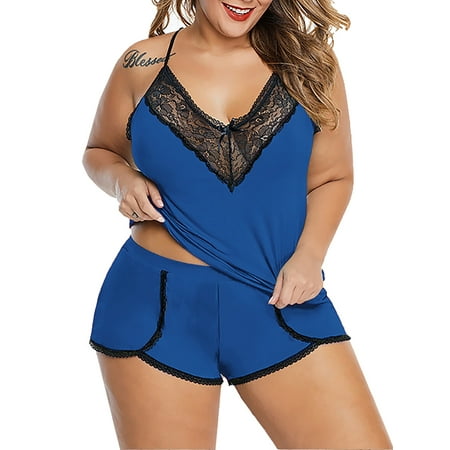 Gvmfive Women Plus Size 2 Piece Set Lace Cami Tops Sleepwear Lingerie Pajamas