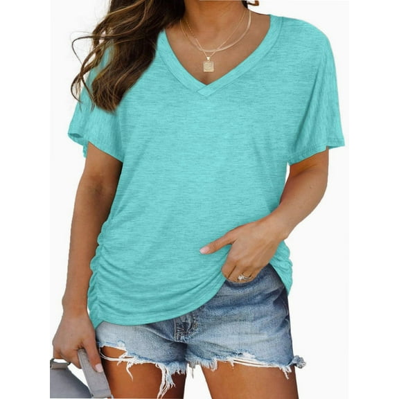 Women's V Neck Oversized T-Shirts Summer Short Sleeve Shirts Loose Casual Tops Tee