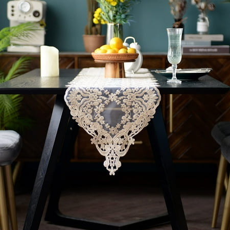 

Lace Table Runner Embroidered Dresser Scarf Classic Rectangular Macrame Tablerunner(Gold 12 ×60 )