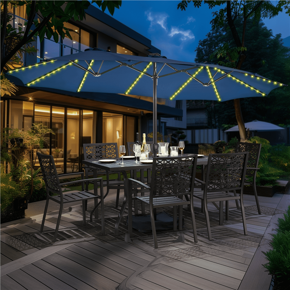 Renwick 15 FT Outdoor Umbrella with Base & Multi-Mode LED Lights Strips, Navy Blue