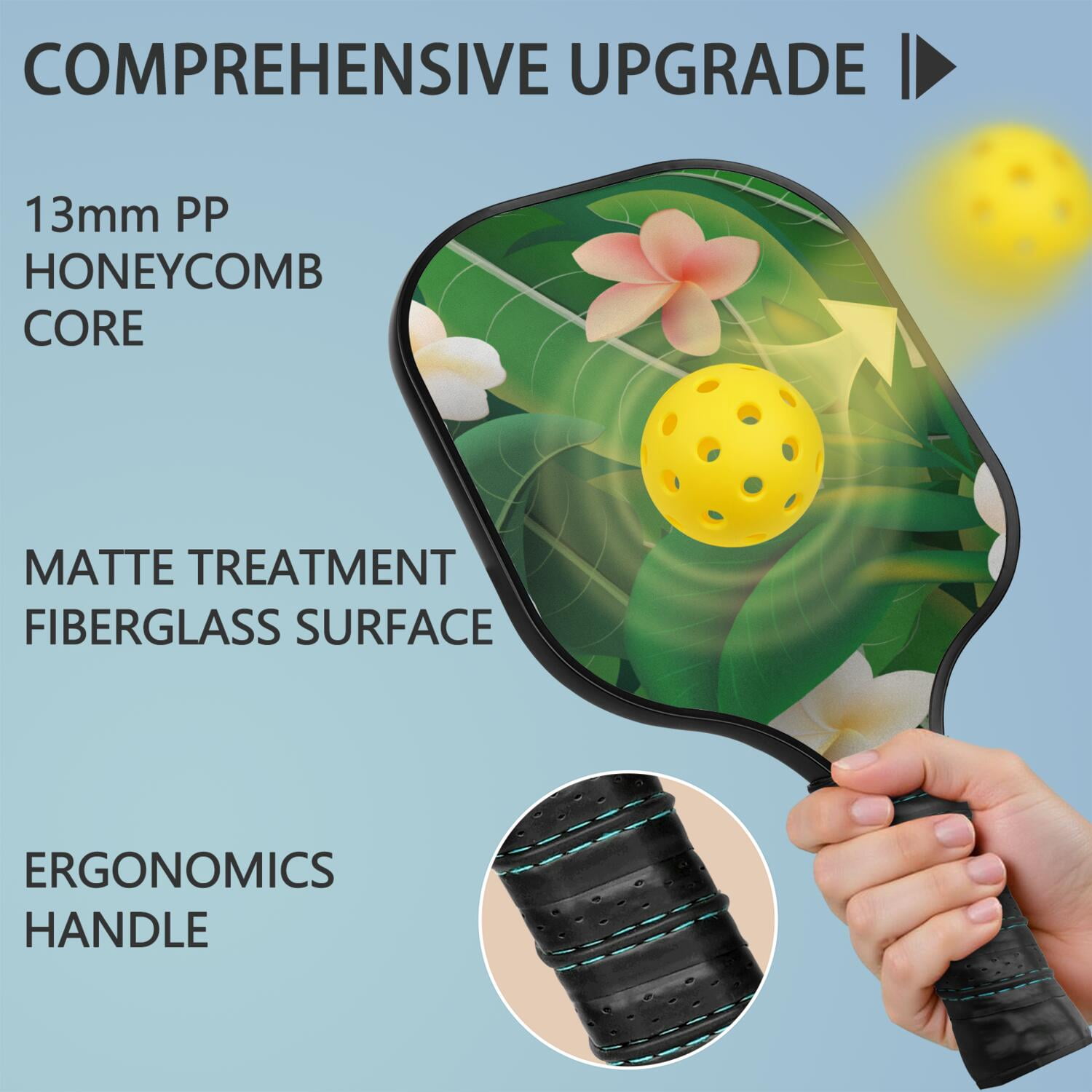 Pickleball Paddles Set Of 1, Fiberglass Surface, Tropical Leaf Print, 1 Paddle, 2 Balls & Bag