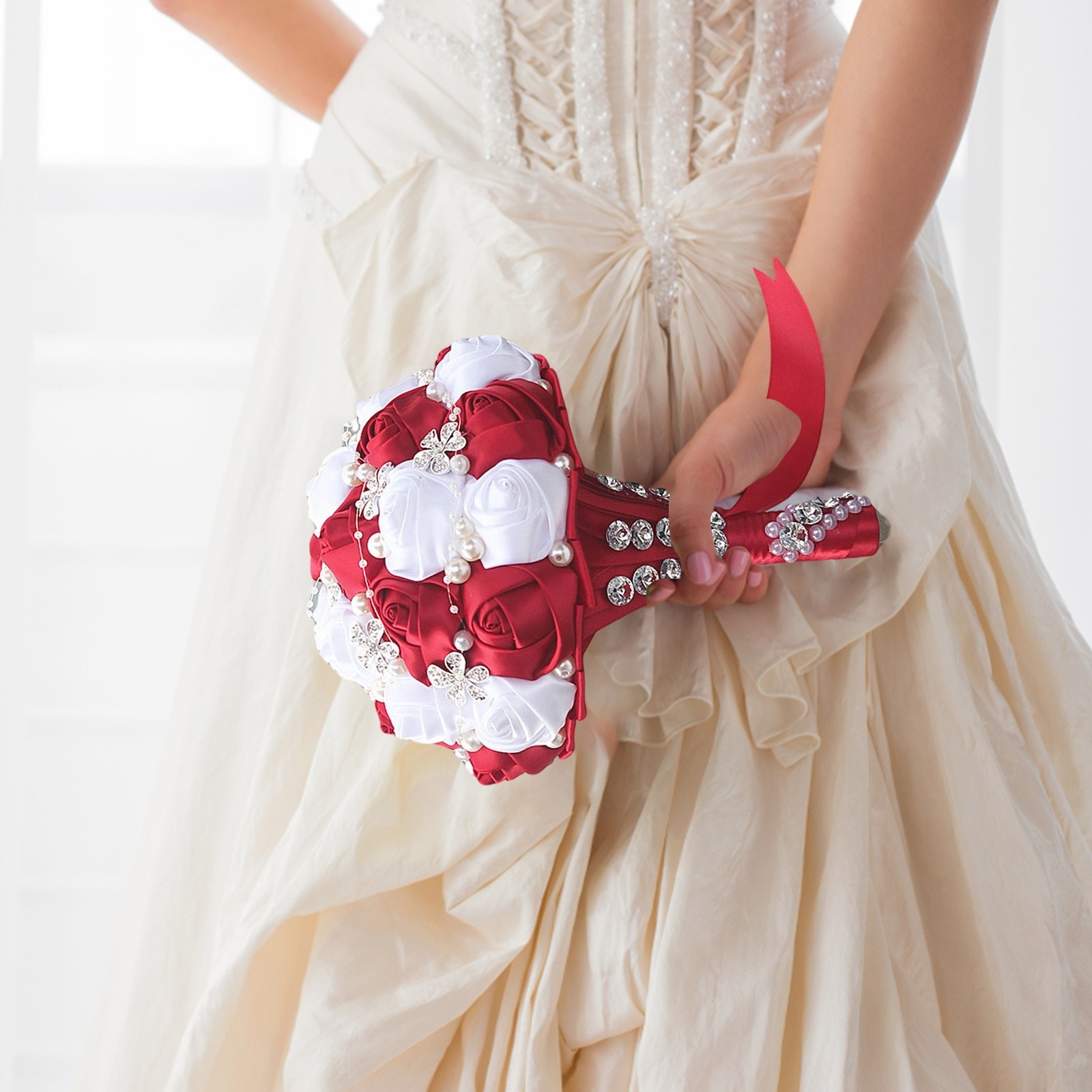 Royal Bridal Bouquet Handmade with Satin Roses & Pearls - Wedding Bouquet Holder for Bride and Bridesmaids, Rhinestone Wedding Flower Arrangements in Ivory White