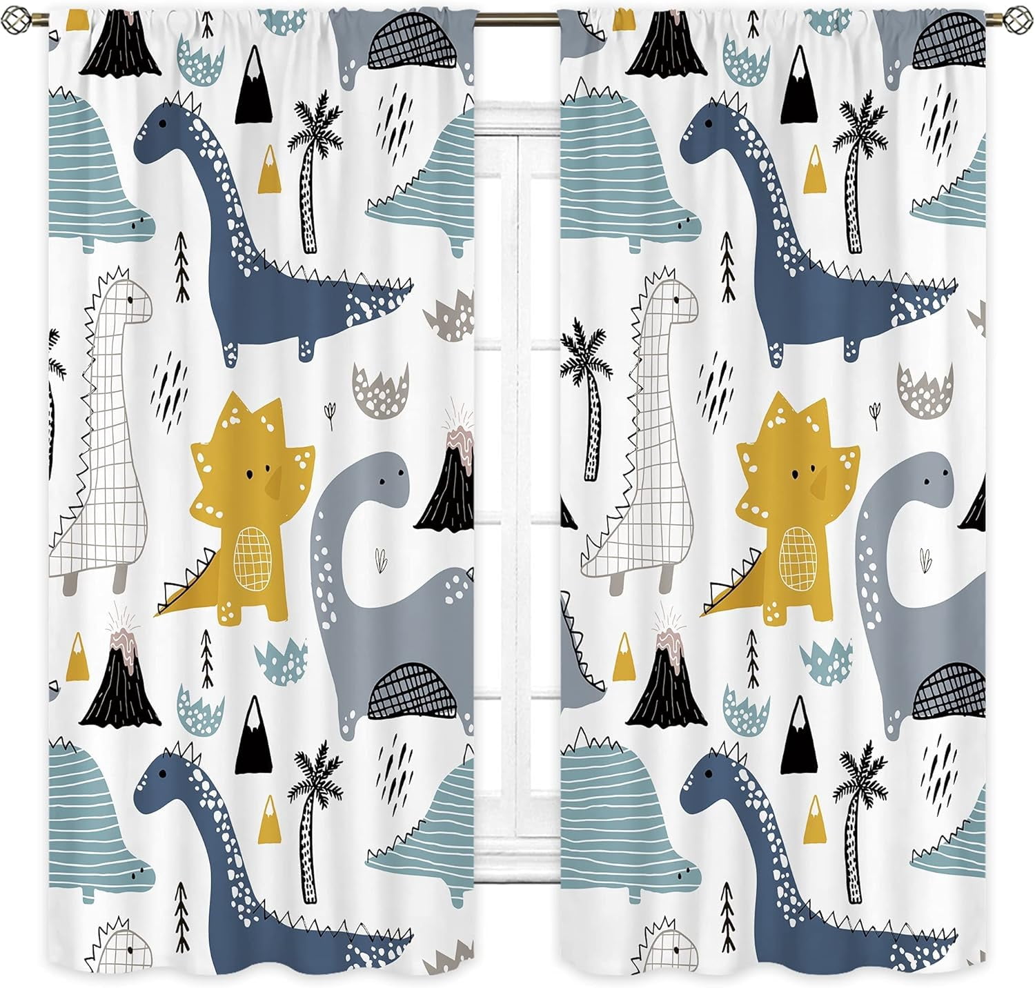 Dinosaur Curtains 42Wx63L Inch Rod Pocket Kids Cartoon Dino Baby Boys Bedroom Decor Nursery Children Cute Navy Blue Safari Animal Art Printed Living Room Playroom Window Drapes Fabric 2 Panel