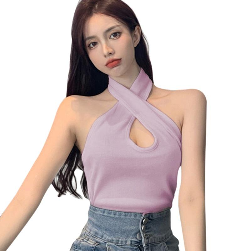 Womens Tops Womens Summer Clothes Hollow Hanging Neck Threaded Small Sling Slim Slimming Short Suspender Cross Vest